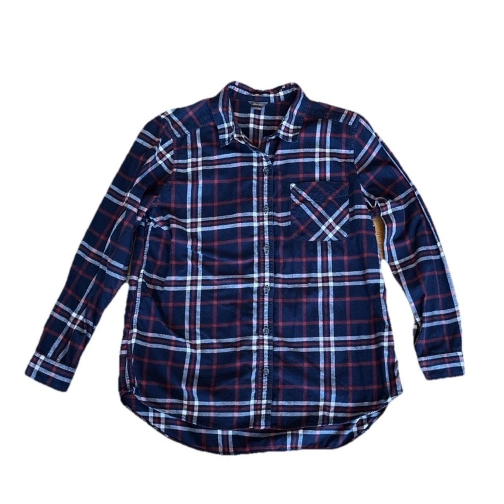 Eddie Bauer Women’s Red, White and Blue Plaid Casual Button Down Shirt. Large